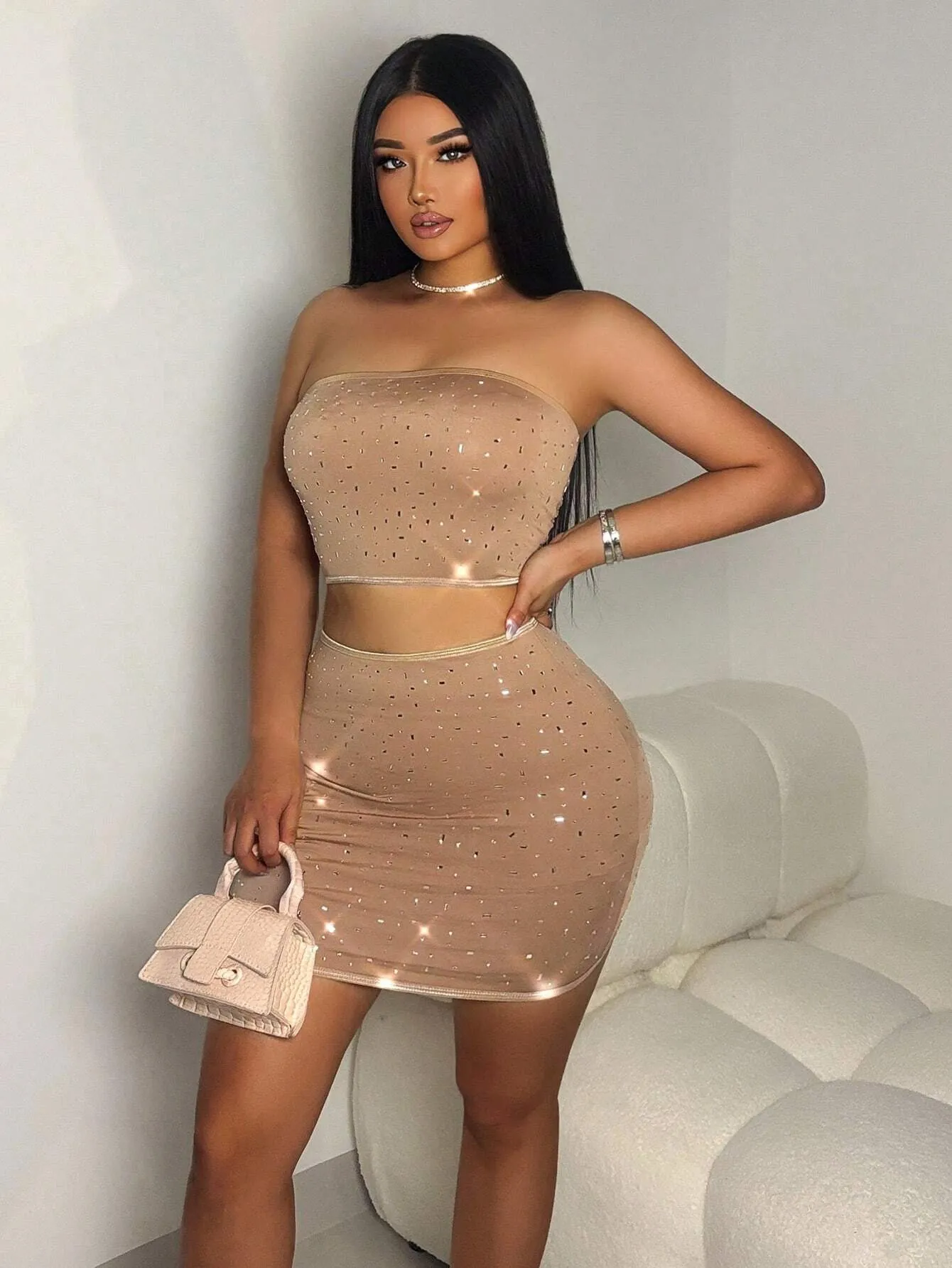 2pcs Women's Sexy Rhinestone Decor Cropped Top And Bodycon Skirt Set, Summer Fashion