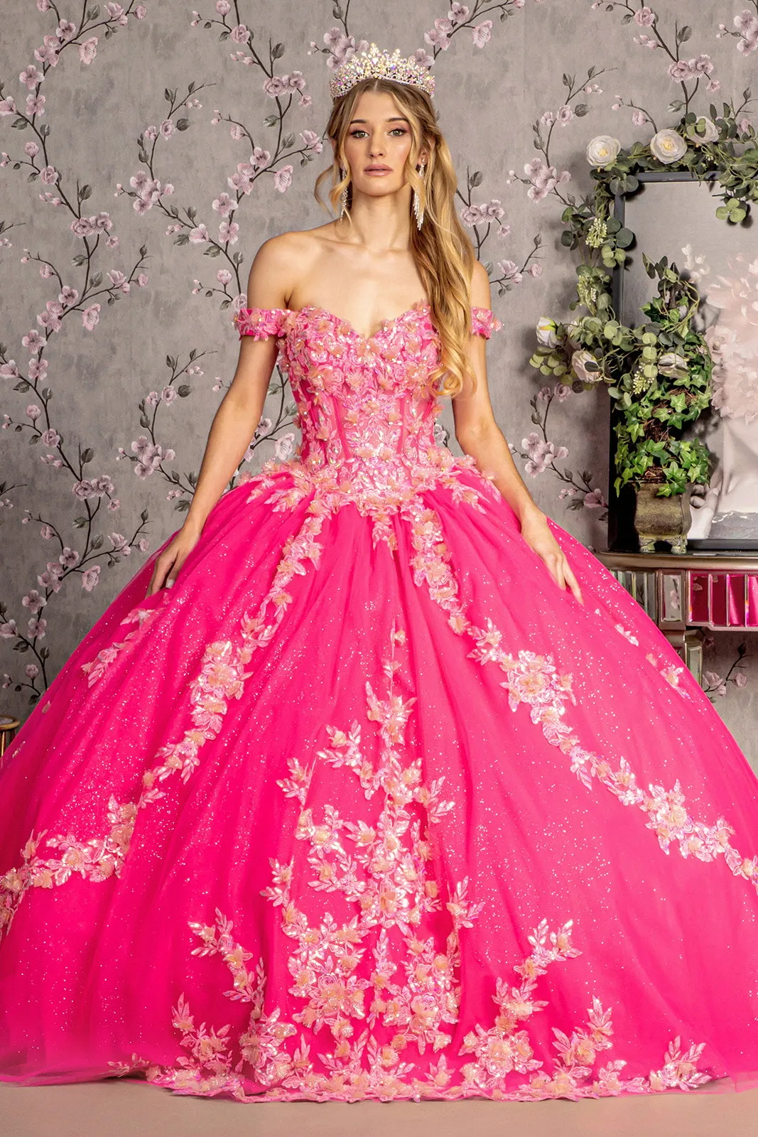 3D Floral Off Shoulder Corset Ball Gown by GLS Gloria GL3469