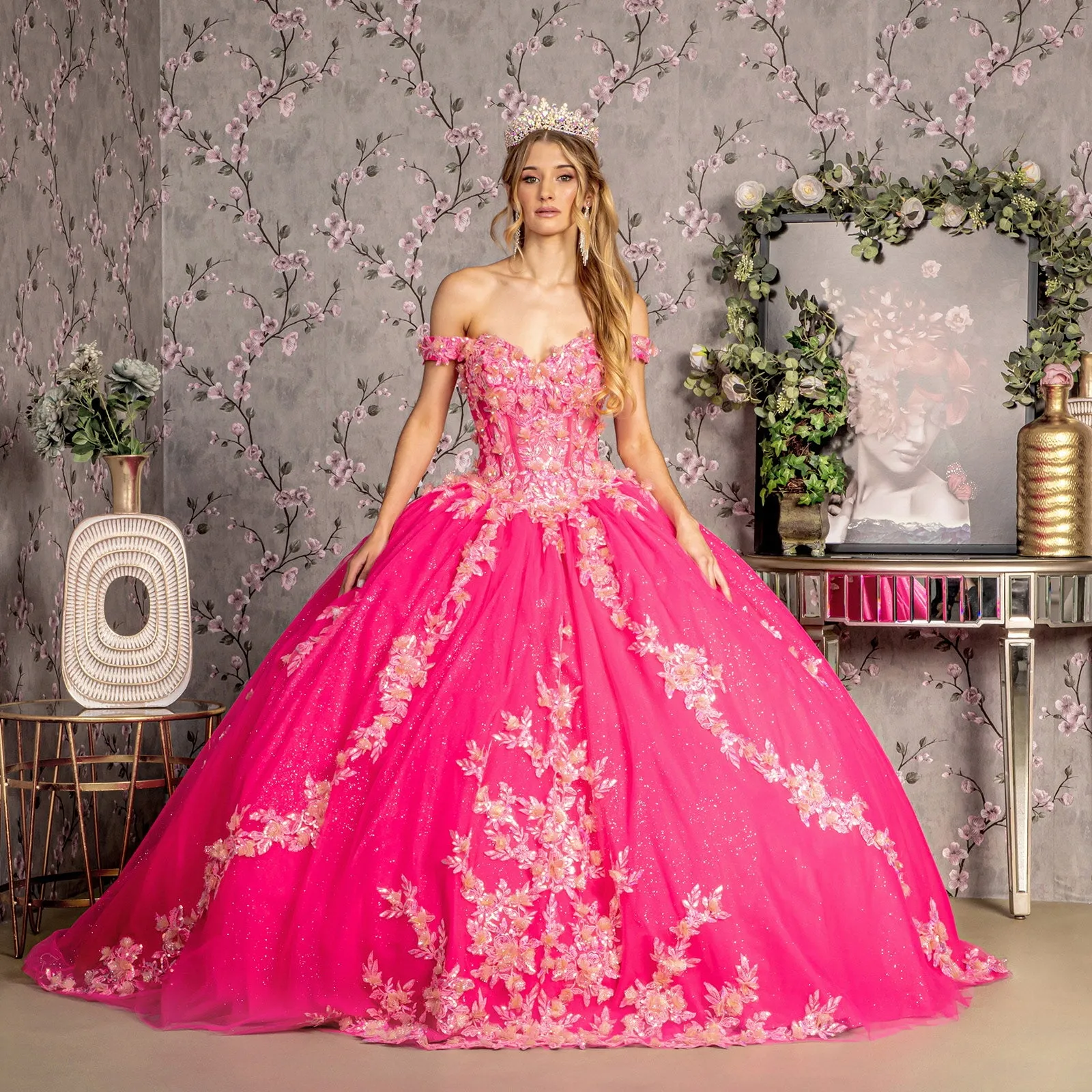 3D Floral Off Shoulder Corset Ball Gown by GLS Gloria GL3469