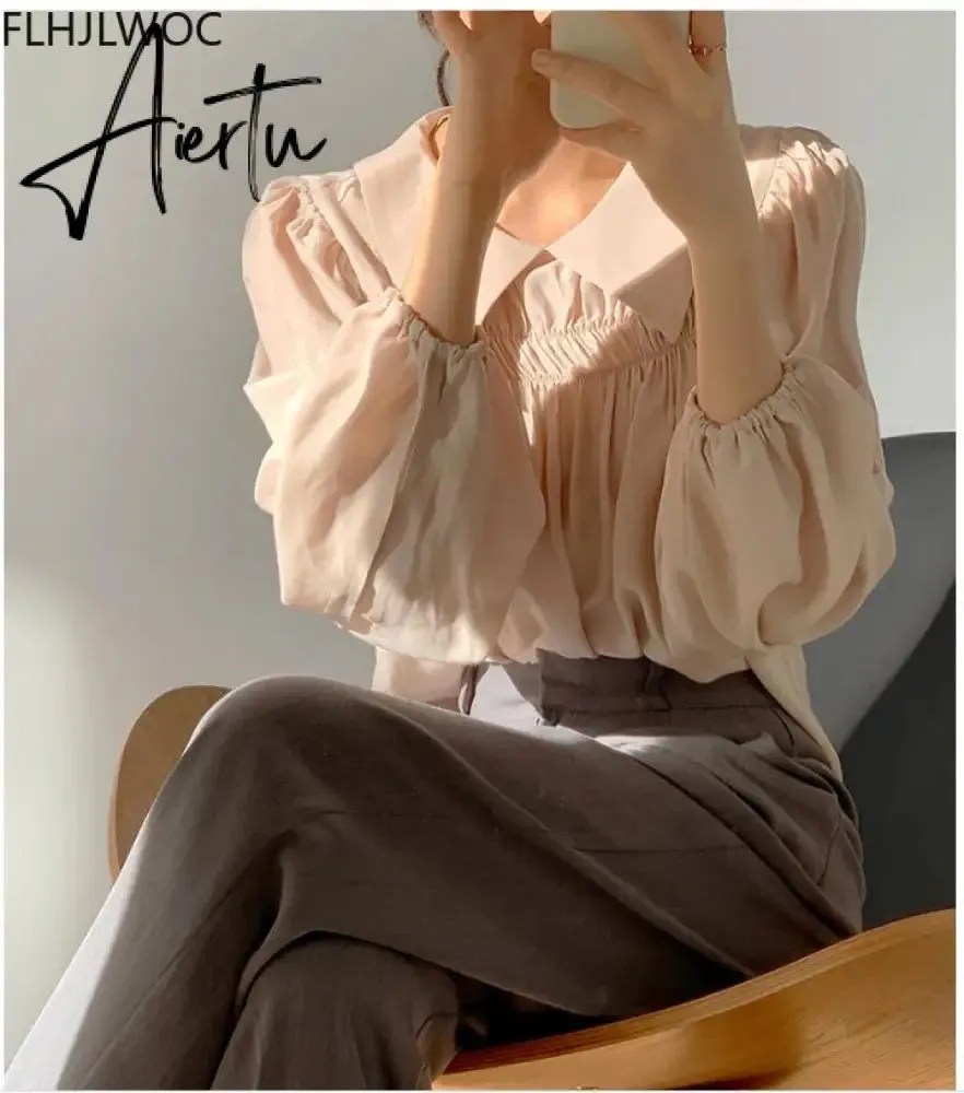 Aiertu Chic Korea Japanese Fenimine Clothes Women New Design Long Sleeve Solid Retro Vintage Black Pink Cute Tops And Blouses