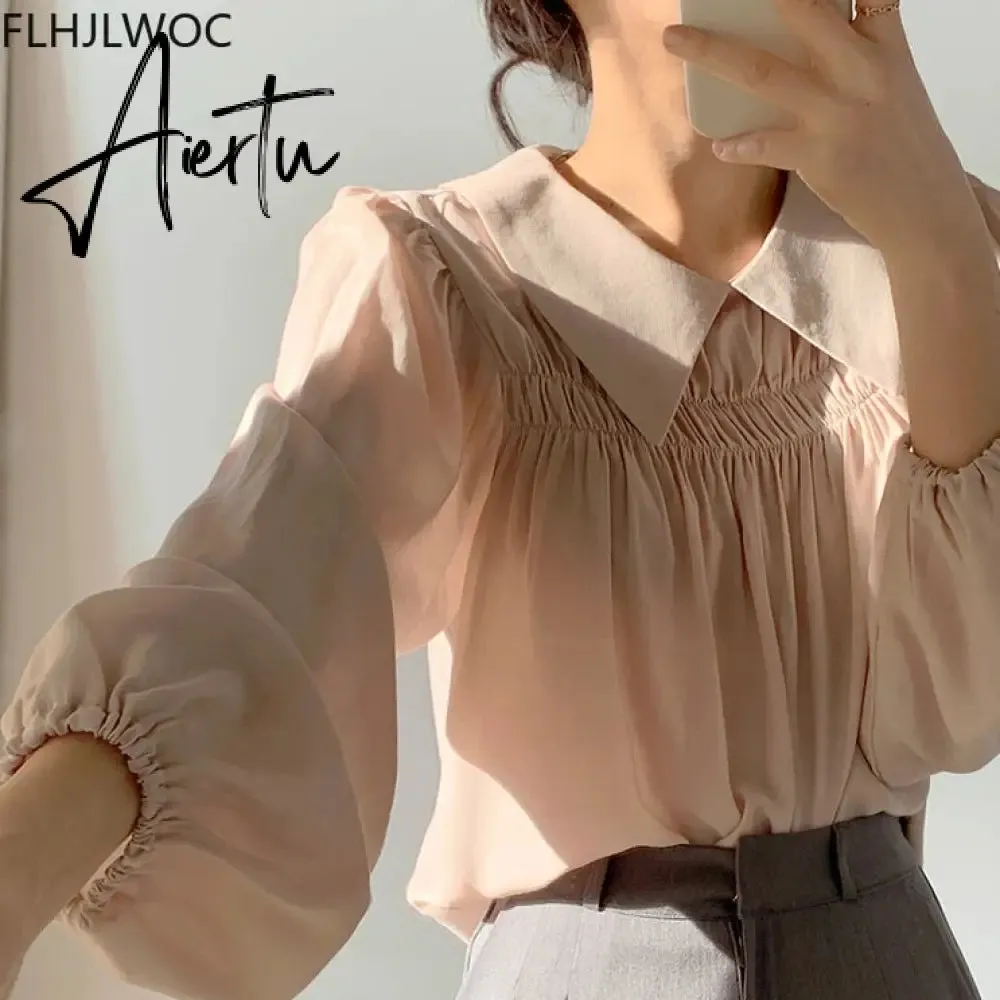 Aiertu Chic Korea Japanese Fenimine Clothes Women New Design Long Sleeve Solid Retro Vintage Black Pink Cute Tops And Blouses