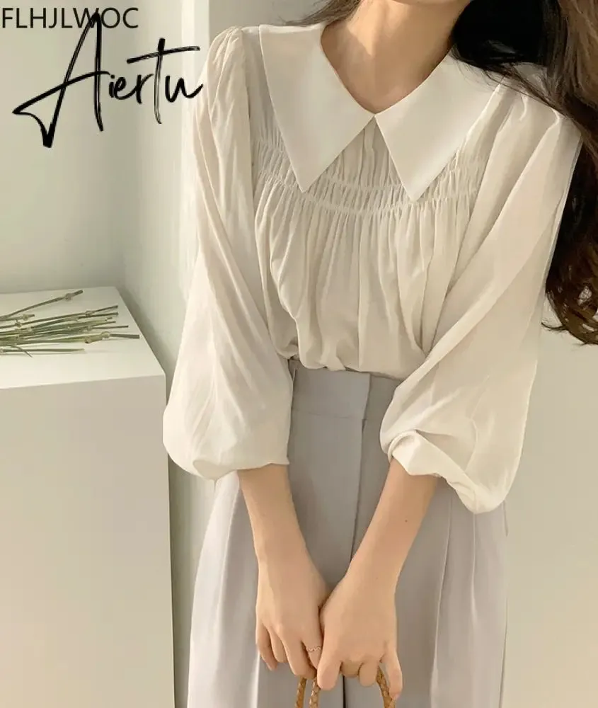 Aiertu Chic Korea Japanese Fenimine Clothes Women New Design Long Sleeve Solid Retro Vintage Black Pink Cute Tops And Blouses