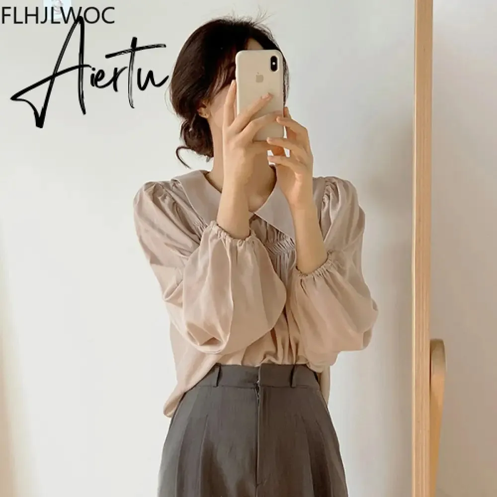 Aiertu Chic Korea Japanese Fenimine Clothes Women New Design Long Sleeve Solid Retro Vintage Black Pink Cute Tops And Blouses