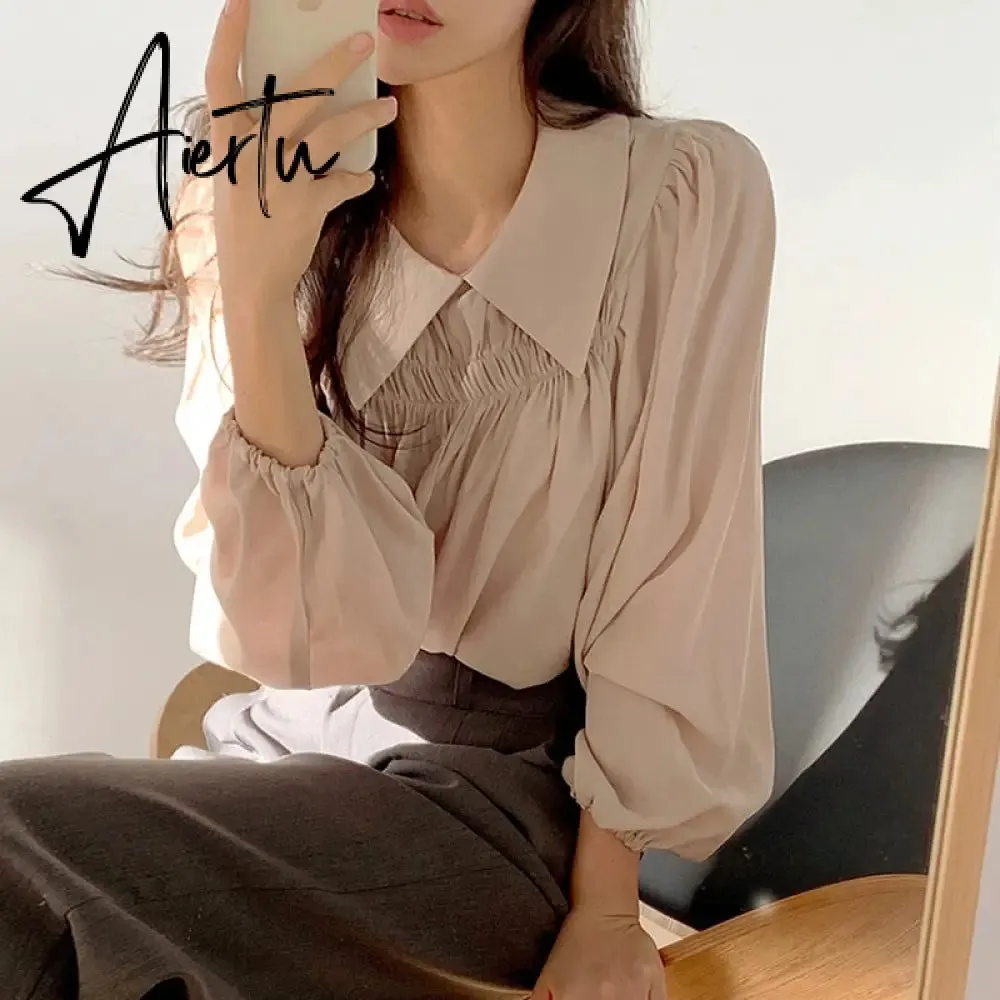 Aiertu Chic Korea Japanese Fenimine Clothes Women New Design Long Sleeve Solid Retro Vintage Black Pink Cute Tops And Blouses