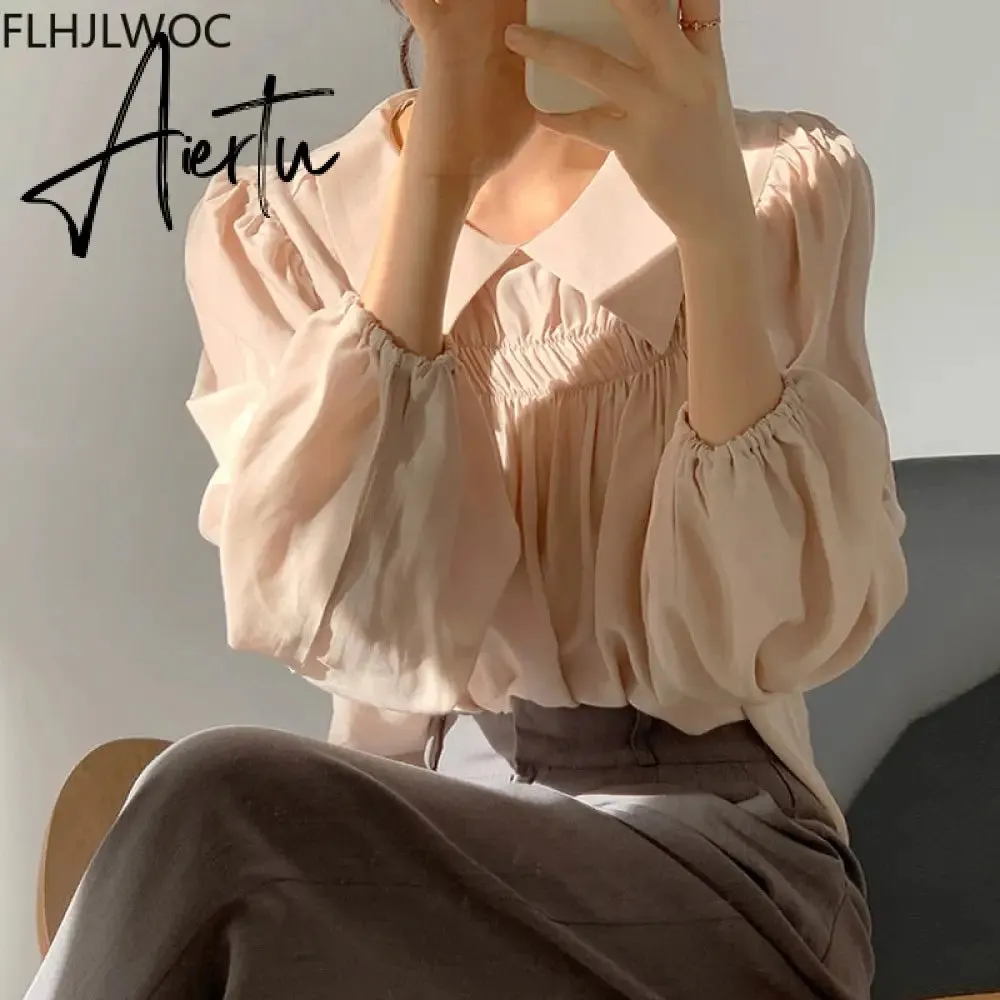 Aiertu Chic Korea Japanese Fenimine Clothes Women New Design Long Sleeve Solid Retro Vintage Black Pink Cute Tops And Blouses