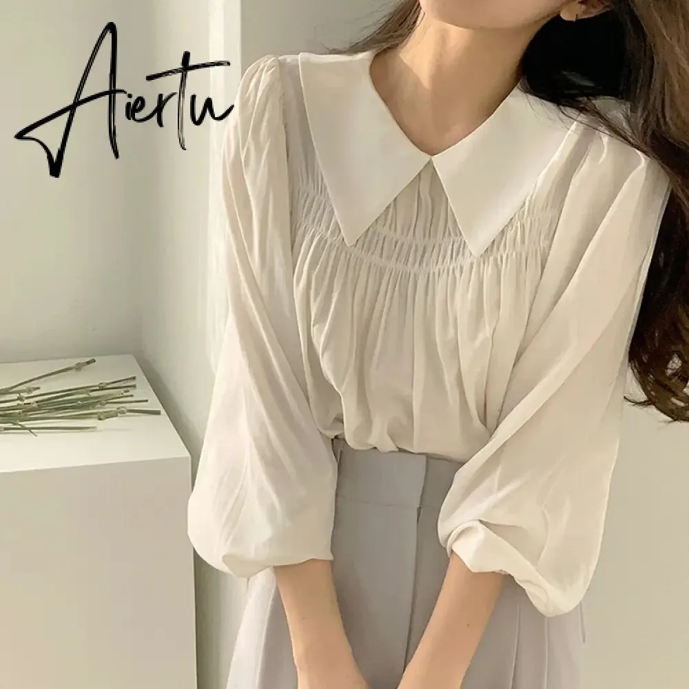 Aiertu Chic Korea Japanese Fenimine Clothes Women New Design Long Sleeve Solid Retro Vintage Black Pink Cute Tops And Blouses