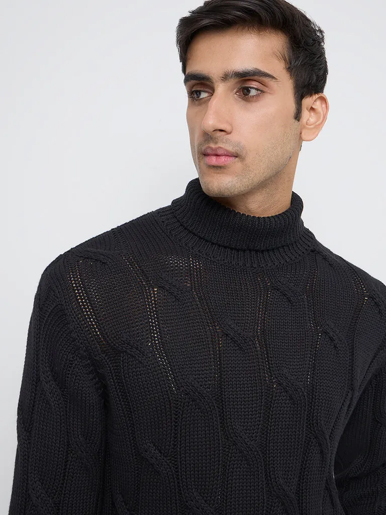 Ascot Black Knit-Textured Relaxed-Fit Cotton Sweater