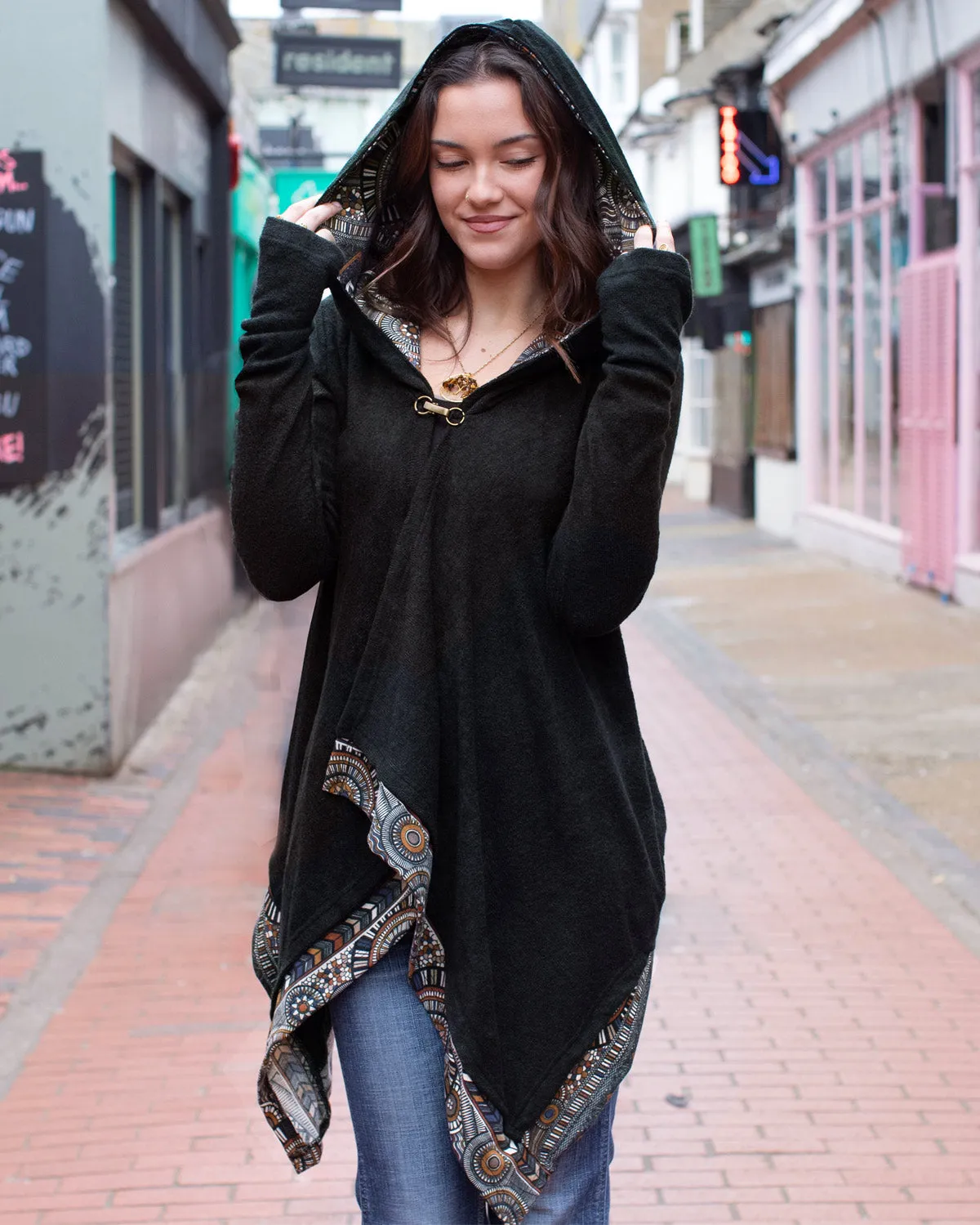 Azteca Hooded Cardigan Cloak Black