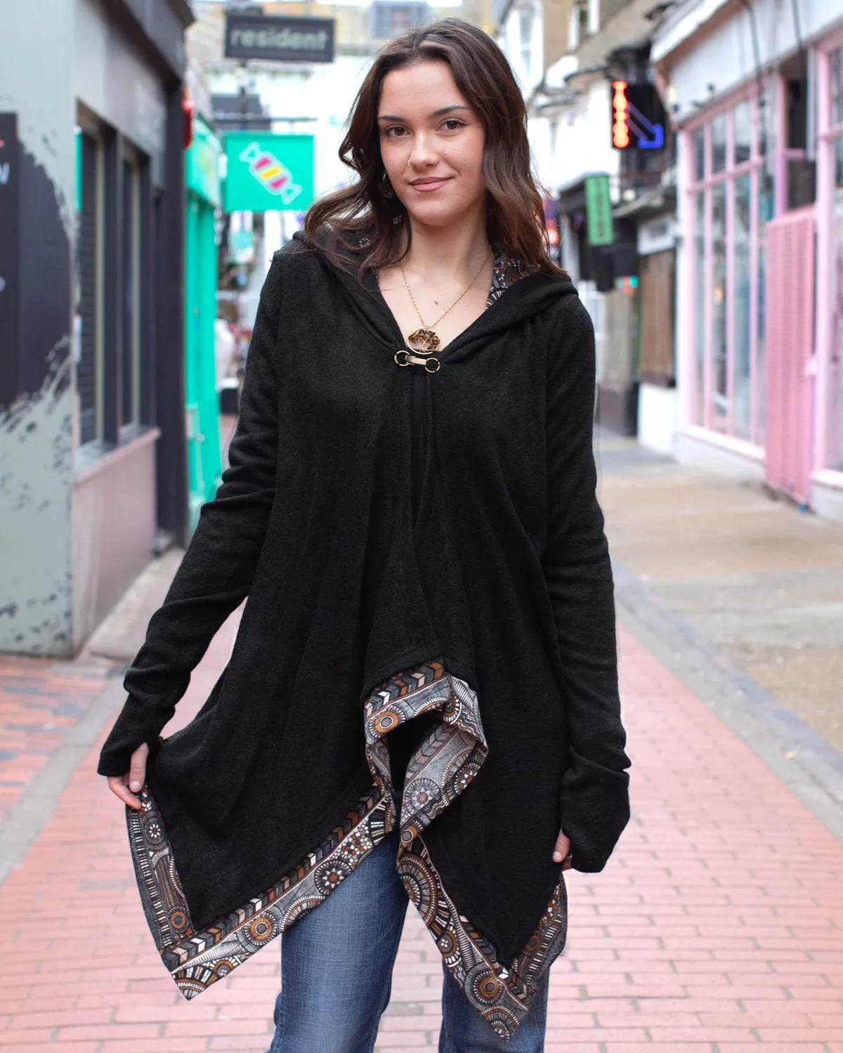 Azteca Hooded Cardigan Cloak Black