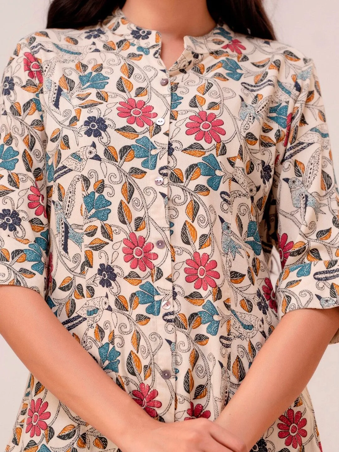 Beige Floral Printed Mandarin Collar Tunic - Three-Quarter Sleeves, Ethnic Wear