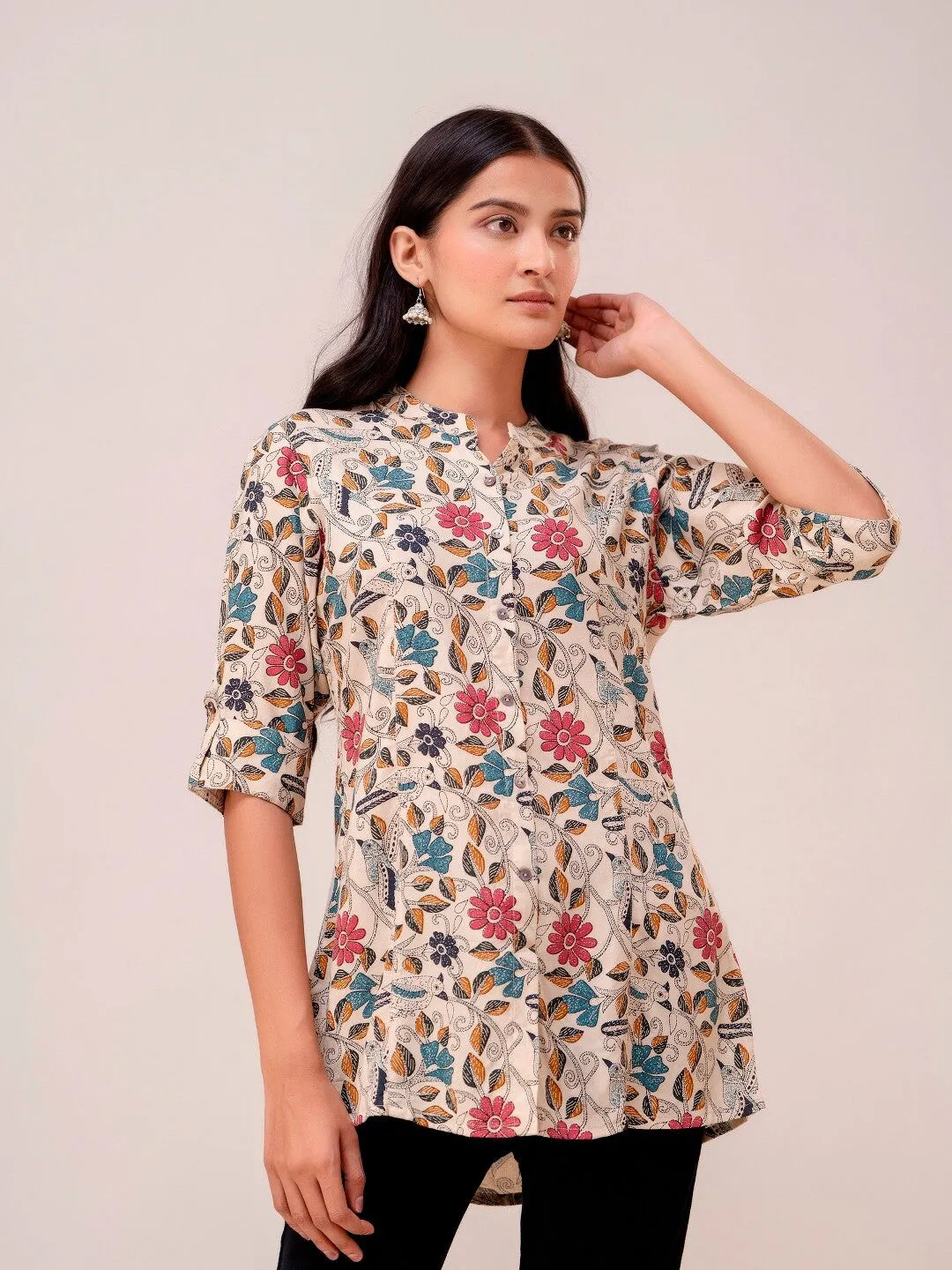 Beige Floral Printed Mandarin Collar Tunic - Three-Quarter Sleeves, Ethnic Wear