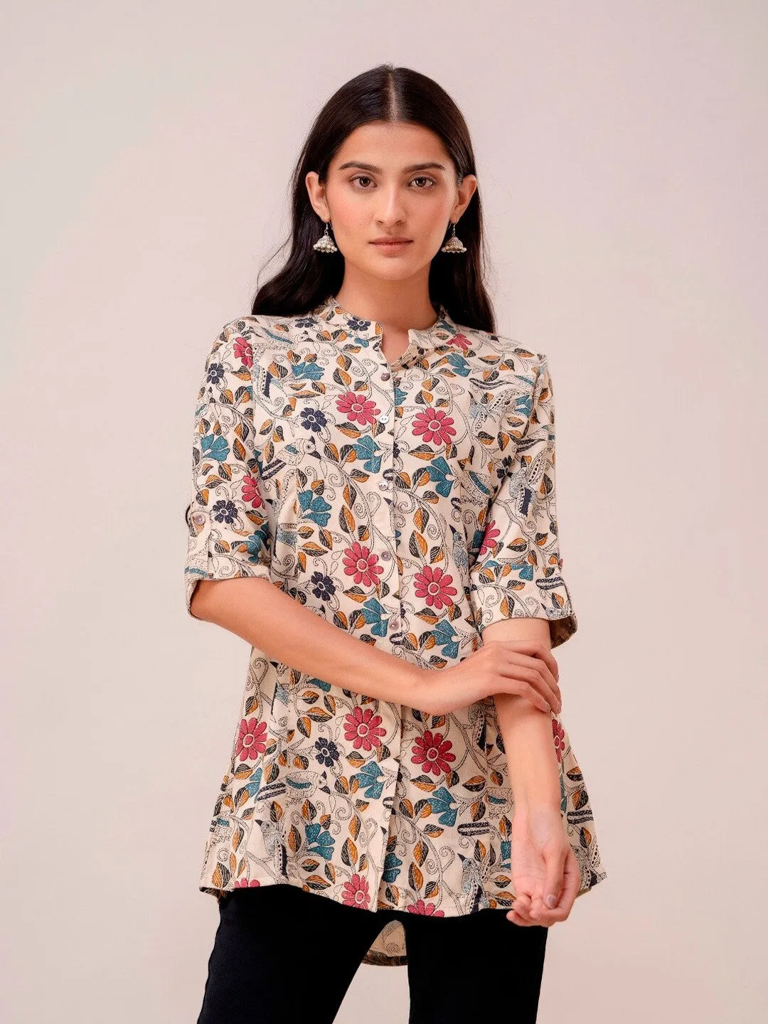 Beige Floral Printed Mandarin Collar Tunic - Three-Quarter Sleeves, Ethnic Wear