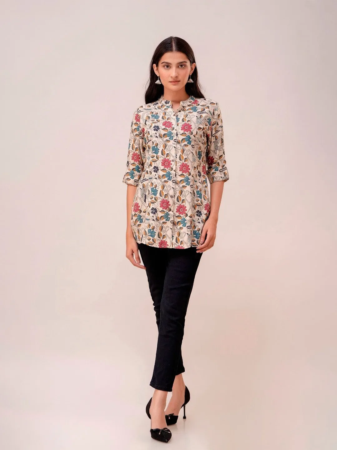 Beige Floral Printed Mandarin Collar Tunic - Three-Quarter Sleeves, Ethnic Wear