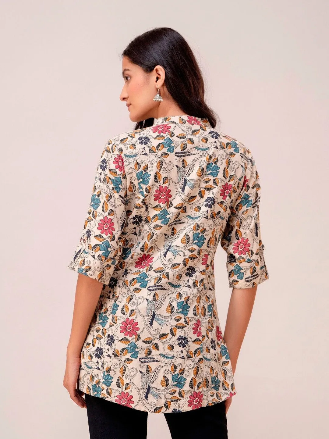 Beige Floral Printed Mandarin Collar Tunic - Three-Quarter Sleeves, Ethnic Wear