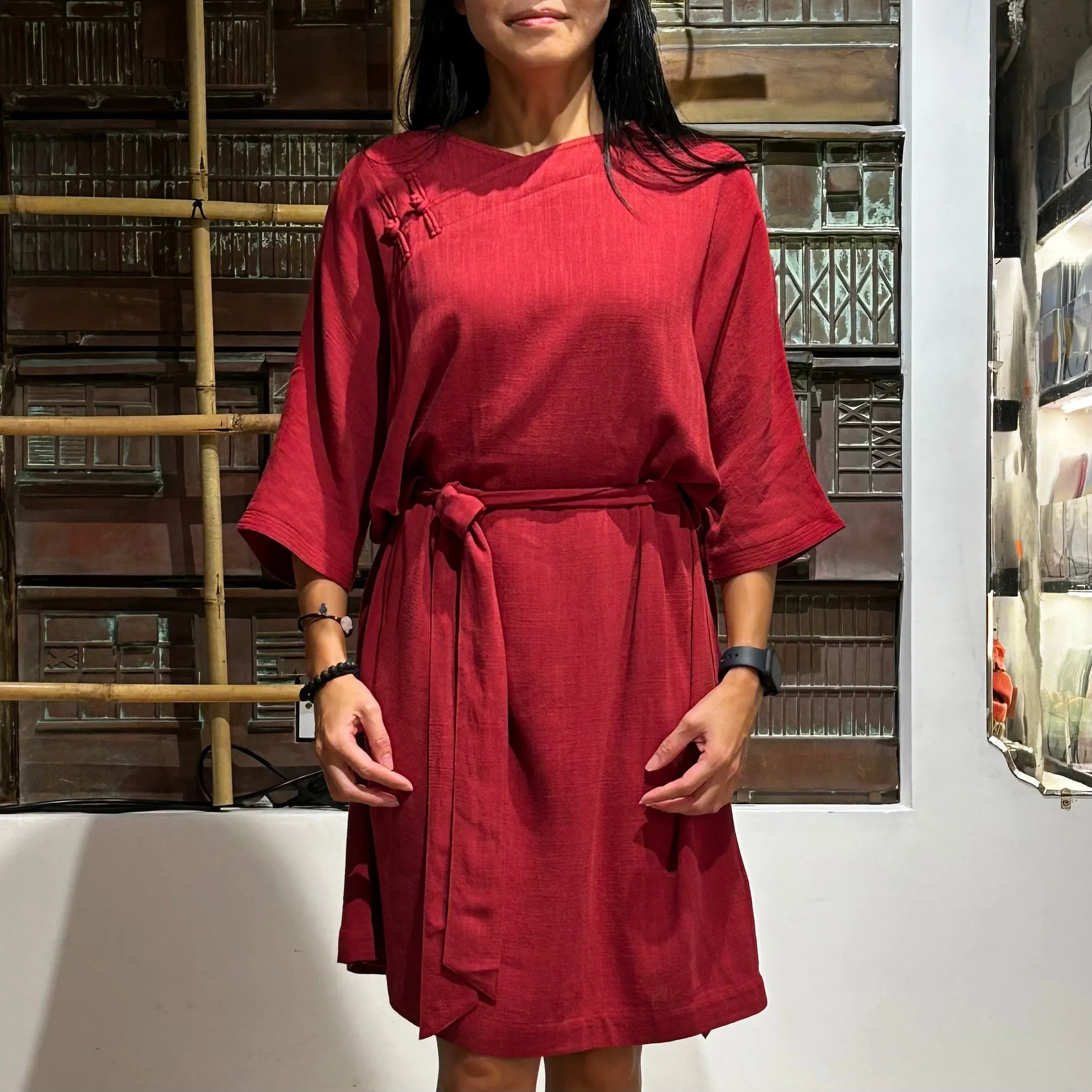 Belted Sack Dress, Burgundy