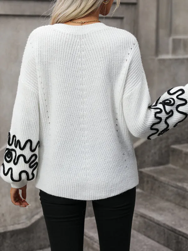 Bohemian Pullover Knit Sweater with Modern Line Art