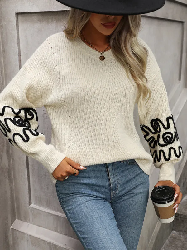 Bohemian Pullover Knit Sweater with Modern Line Art