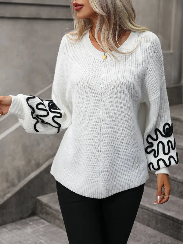 Bohemian Pullover Knit Sweater with Modern Line Art