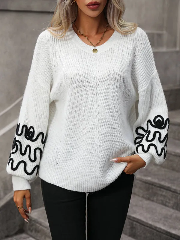 Bohemian Pullover Knit Sweater with Modern Line Art