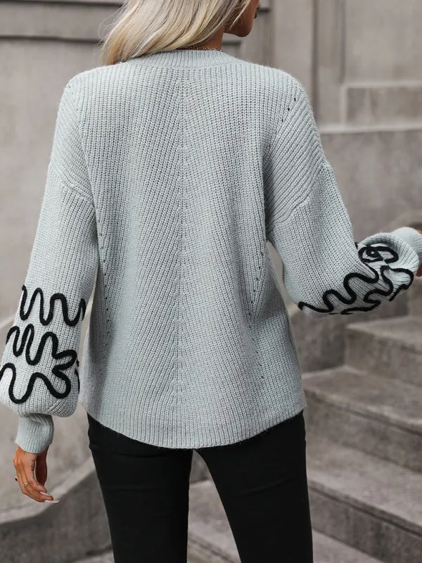 Bohemian Pullover Knit Sweater with Modern Line Art