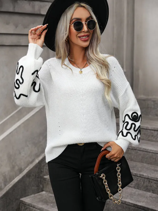 Bohemian Pullover Knit Sweater with Modern Line Art