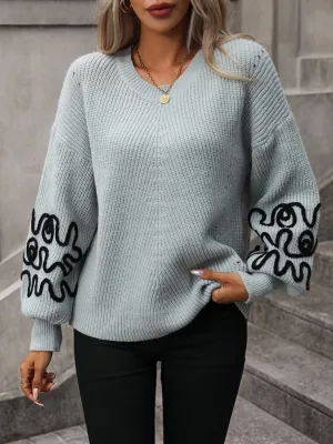 Bohemian Pullover Knit Sweater with Modern Line Art