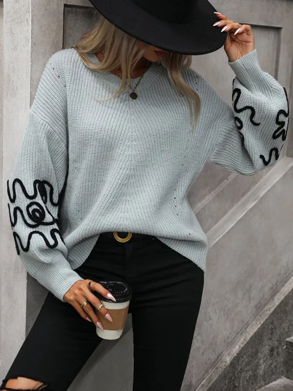 Bohemian Pullover Knit Sweater with Modern Line Art