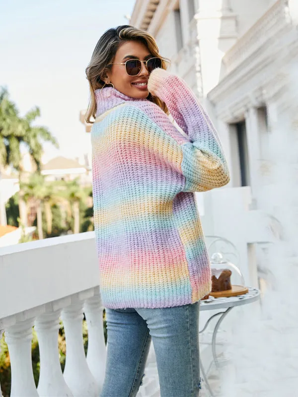 Bohemian Rainbow Turtleneck Long Sleeve Knit Sweater