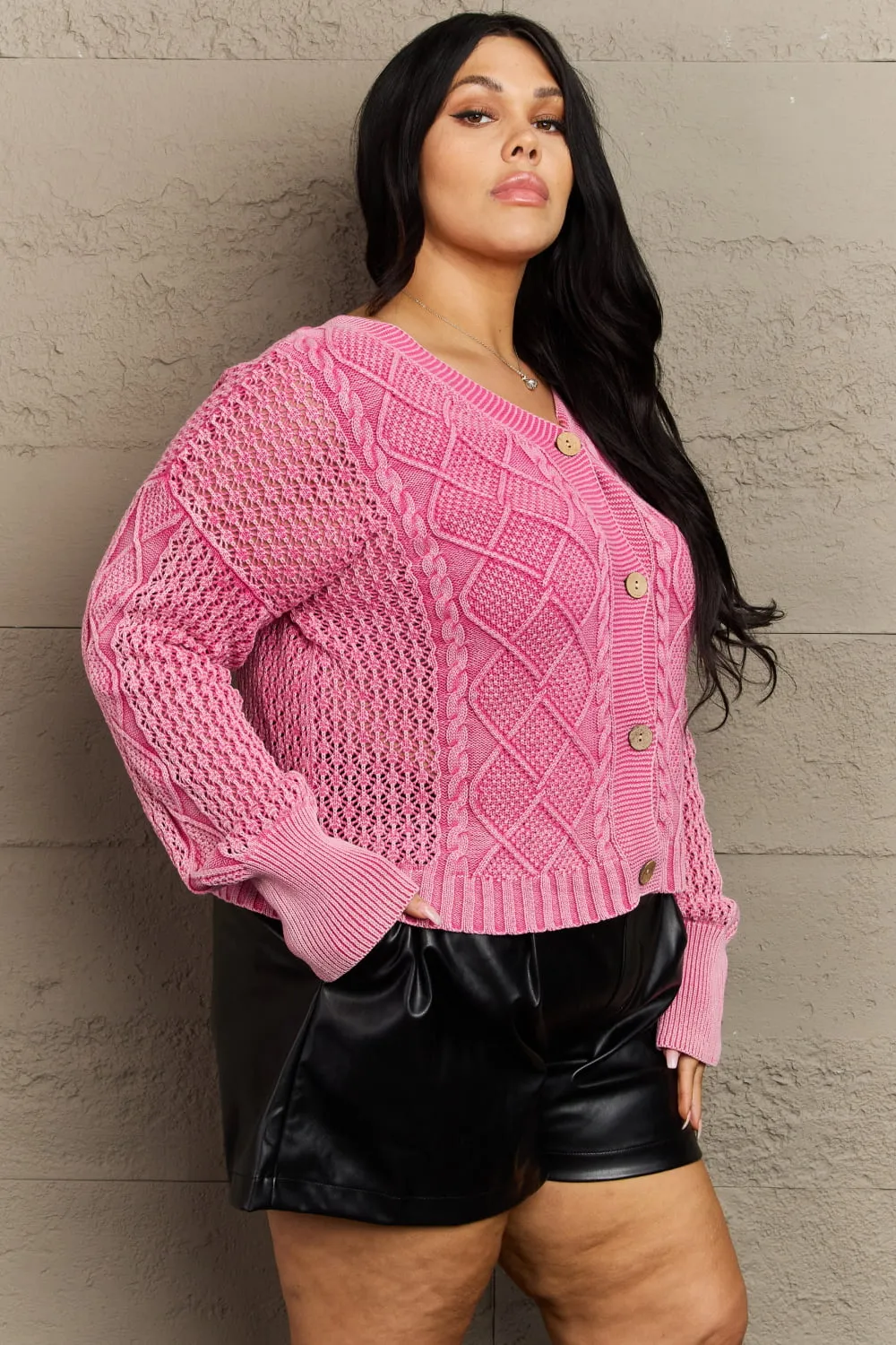 Boho Heyson Brand Soft Focus Wash Cable Knit Cardigan in Fuchsia