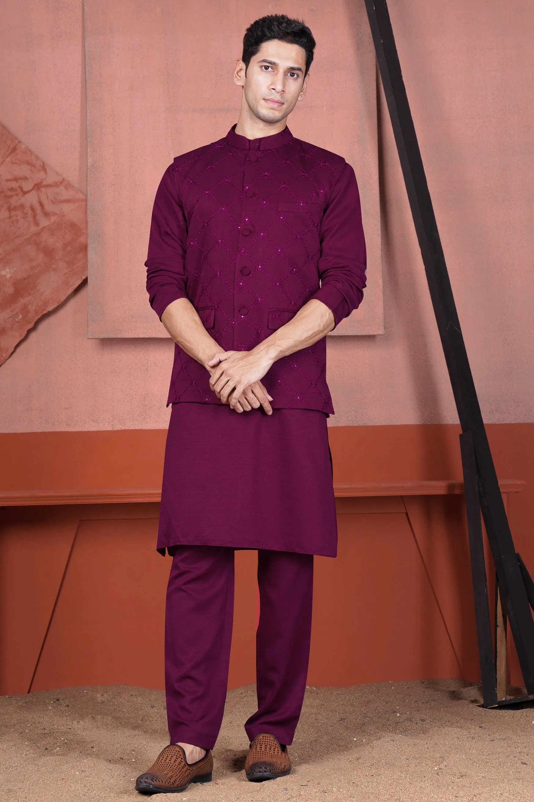 Bordeaux Wine Viscose Embroidered With Tikki Work Designer Kurta With Nehru Jacket