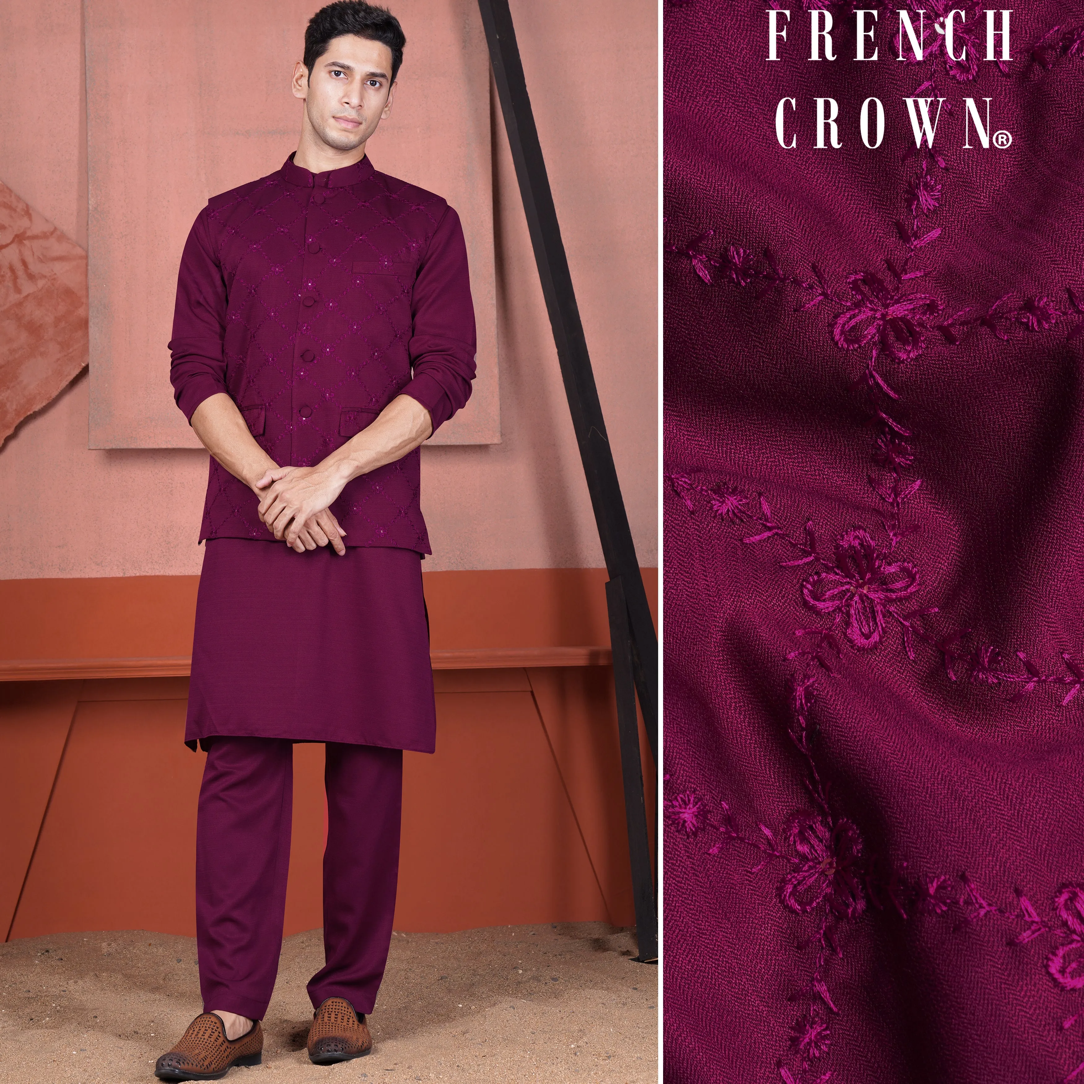 Bordeaux Wine Viscose Embroidered With Tikki Work Designer Kurta With Nehru Jacket