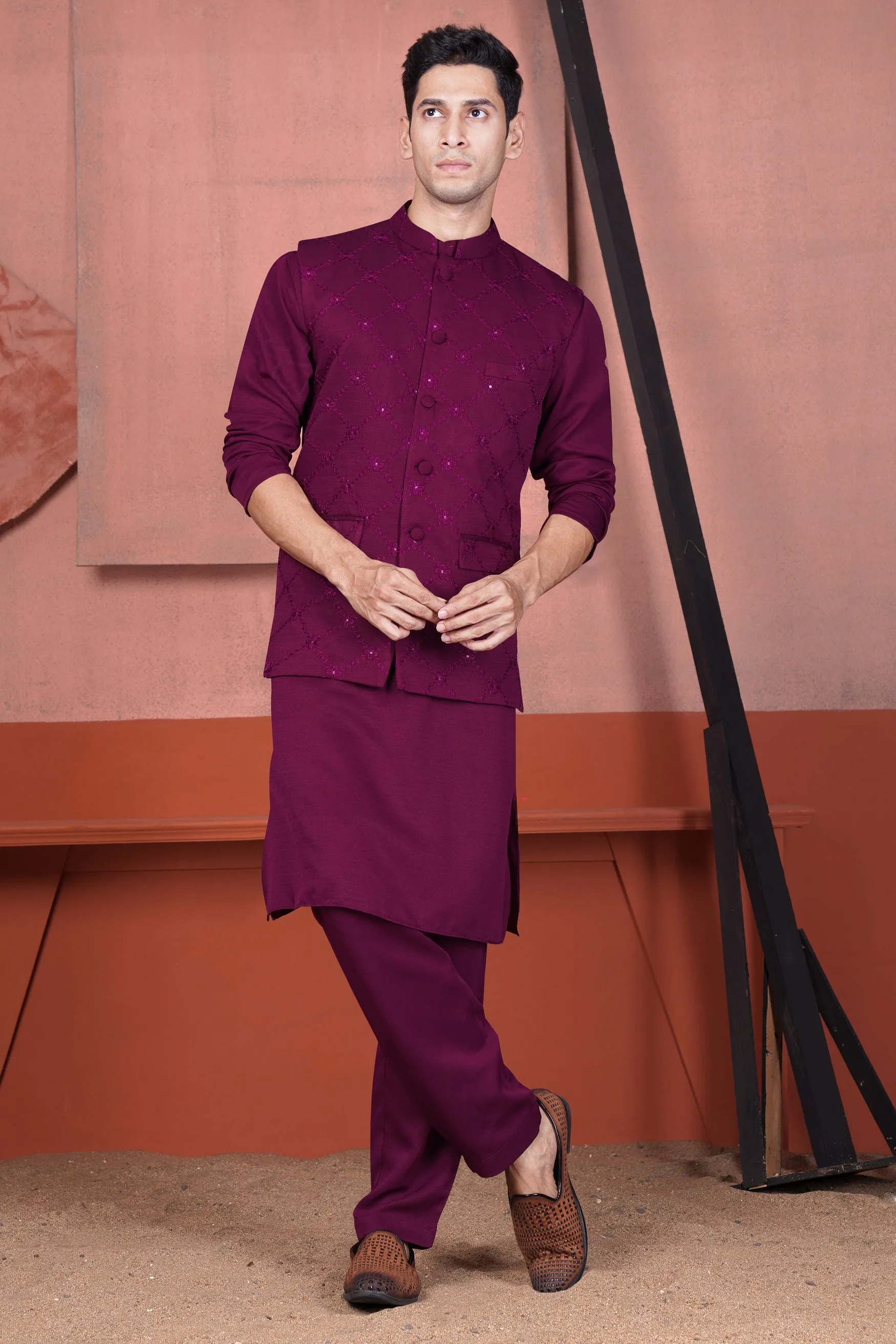 Bordeaux Wine Viscose Embroidered With Tikki Work Designer Kurta With Nehru Jacket