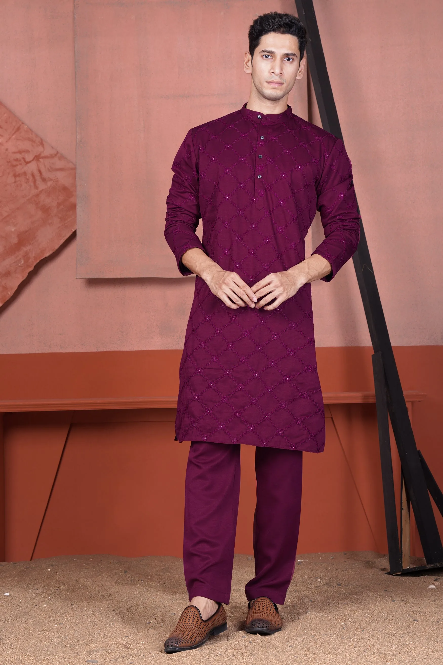 Bordeaux Wine Viscose Embroidered With Tikki Work Designer Kurta With Nehru Jacket