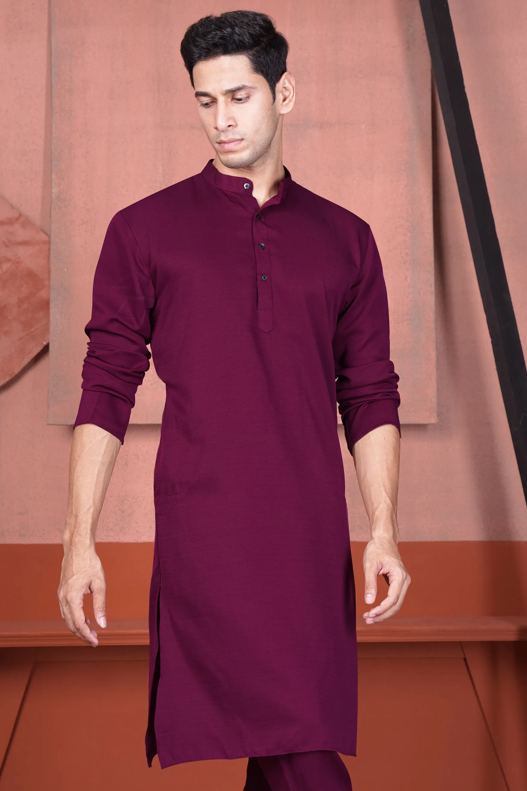 Bordeaux Wine Viscose Embroidered With Tikki Work Designer Kurta With Nehru Jacket