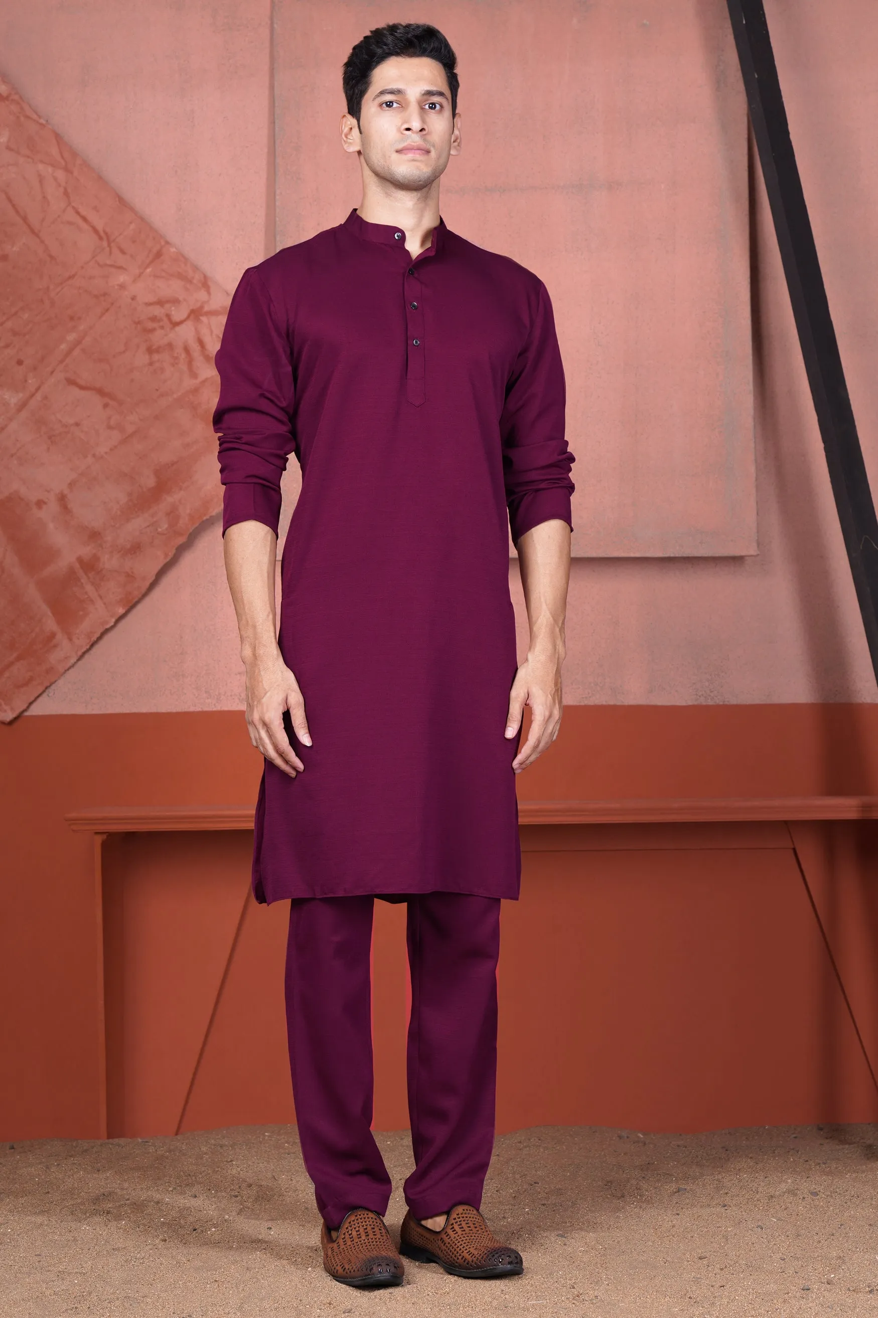 Bordeaux Wine Viscose Embroidered With Tikki Work Designer Kurta With Nehru Jacket