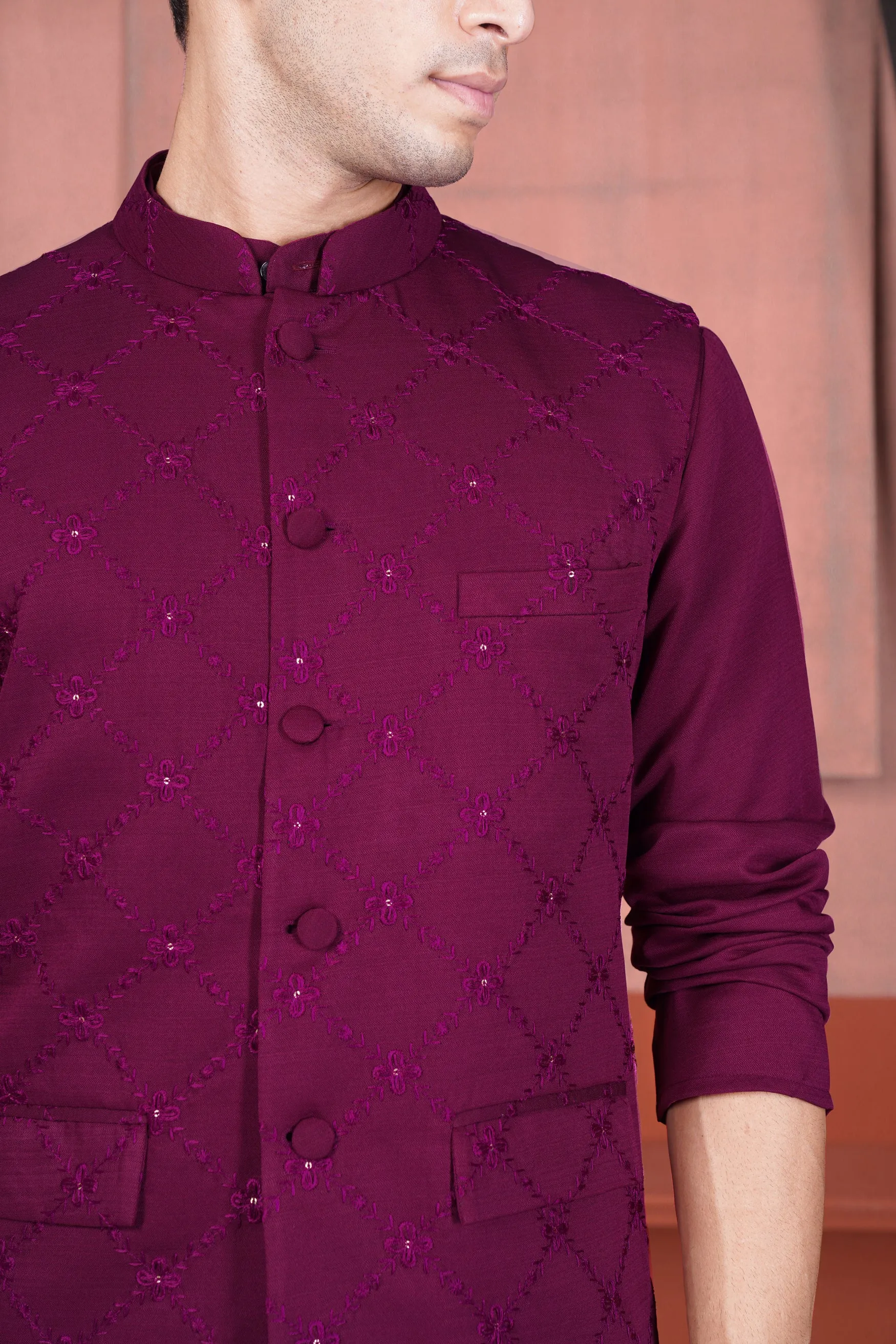 Bordeaux Wine Viscose Embroidered With Tikki Work Designer Kurta With Nehru Jacket