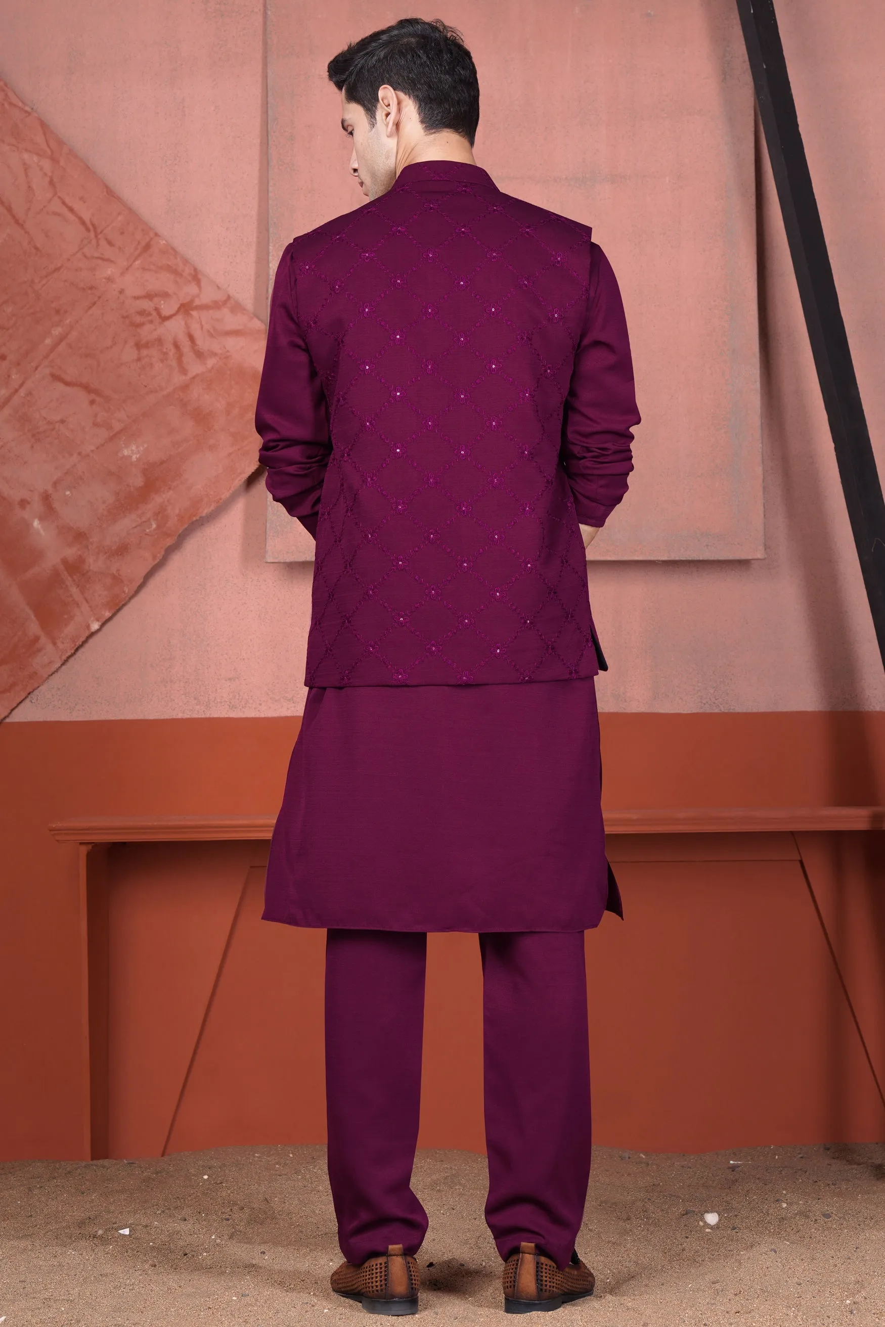 Bordeaux Wine Viscose Embroidered With Tikki Work Designer Kurta With Nehru Jacket