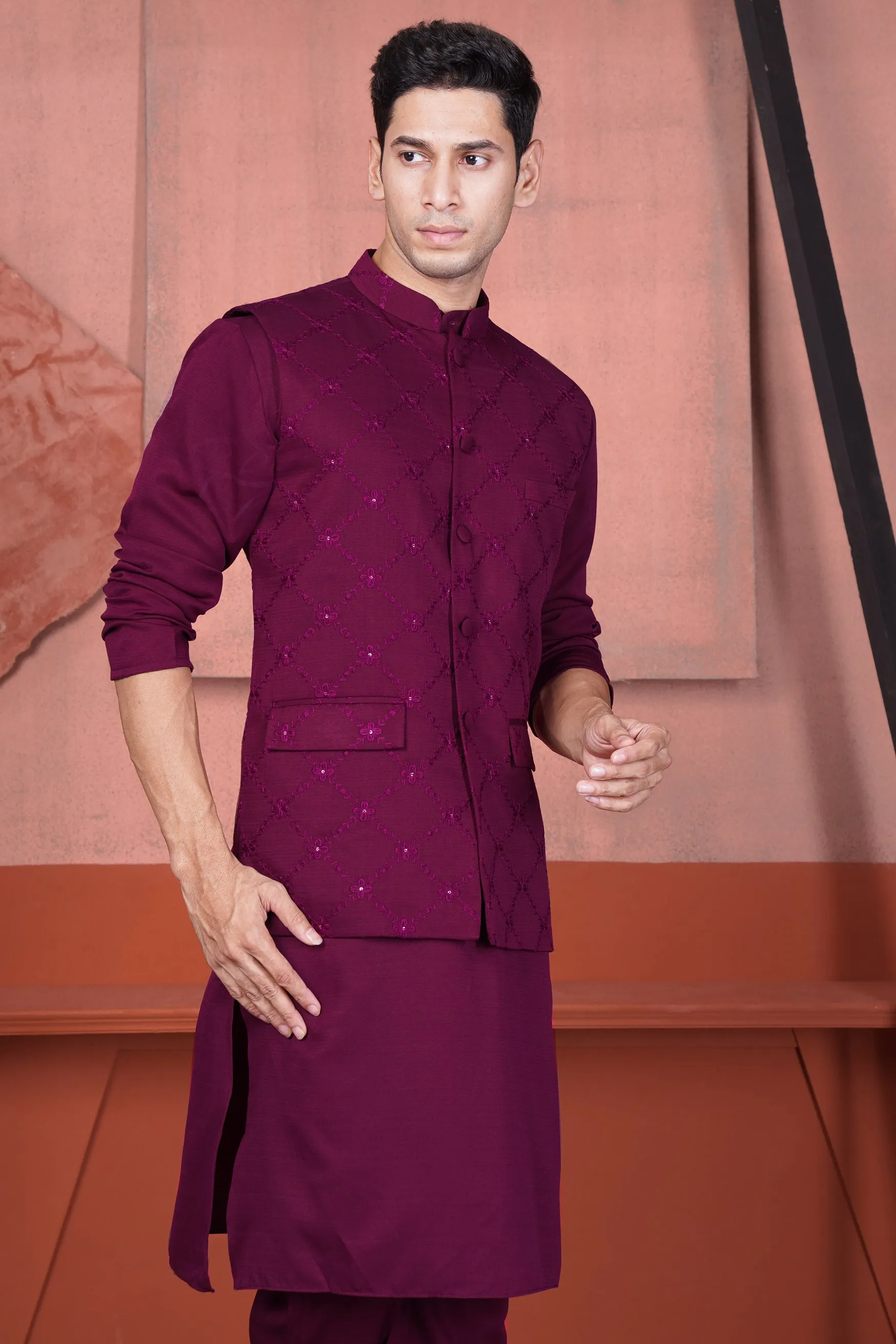 Bordeaux Wine Viscose Embroidered With Tikki Work Designer Kurta With Nehru Jacket