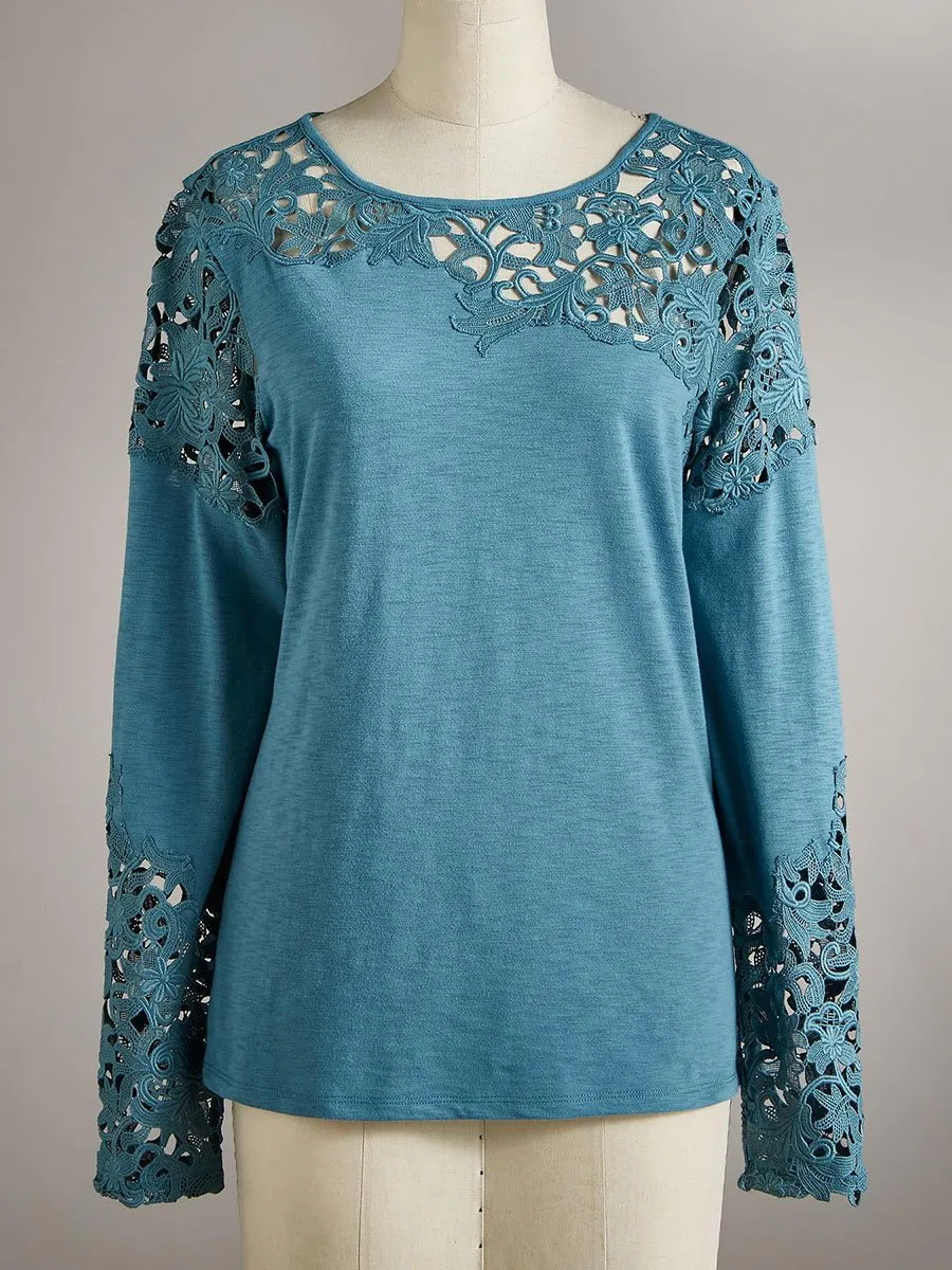 Casual Elegant Long Sleeve Lace T-Shirt