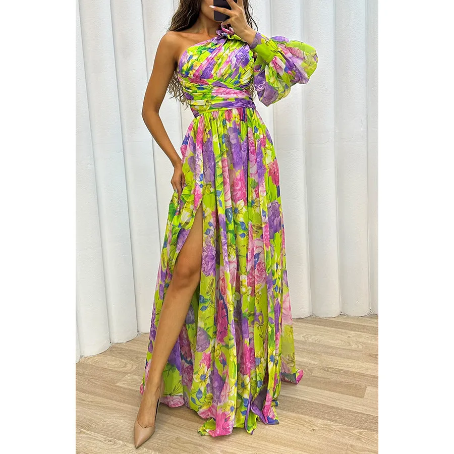 Casual Split Dress Loose Multi Color Oblique One Shoulder Dress