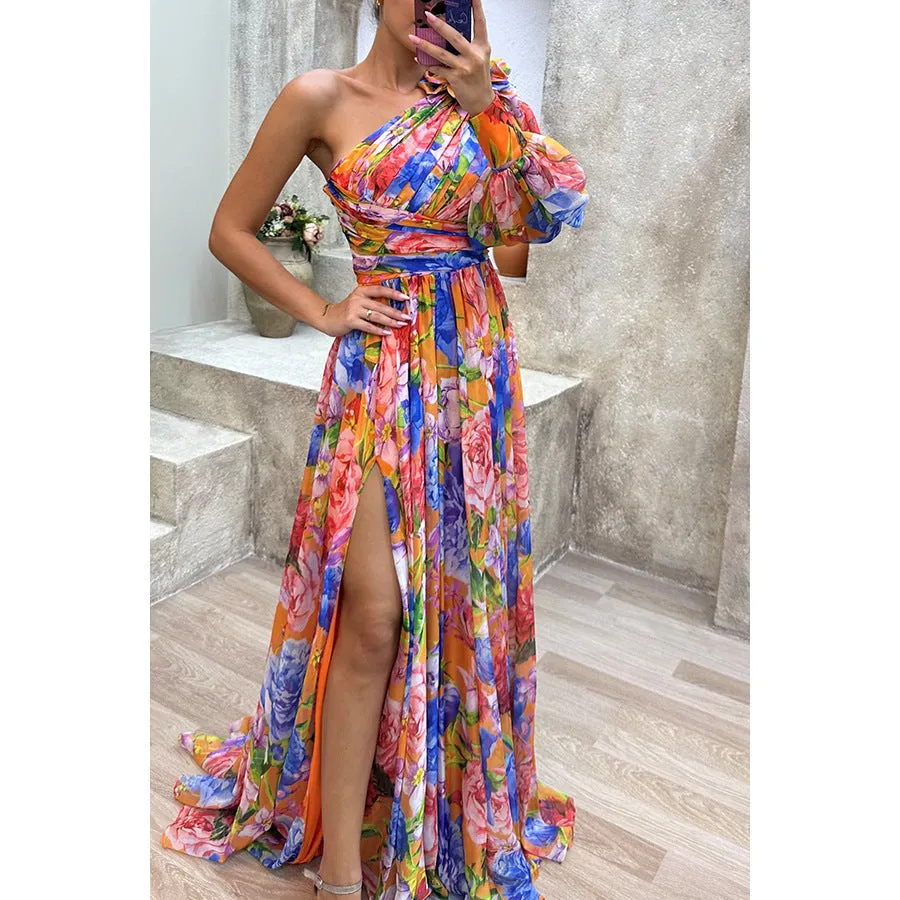 Casual Split Dress Loose Multi Color Oblique One Shoulder Dress