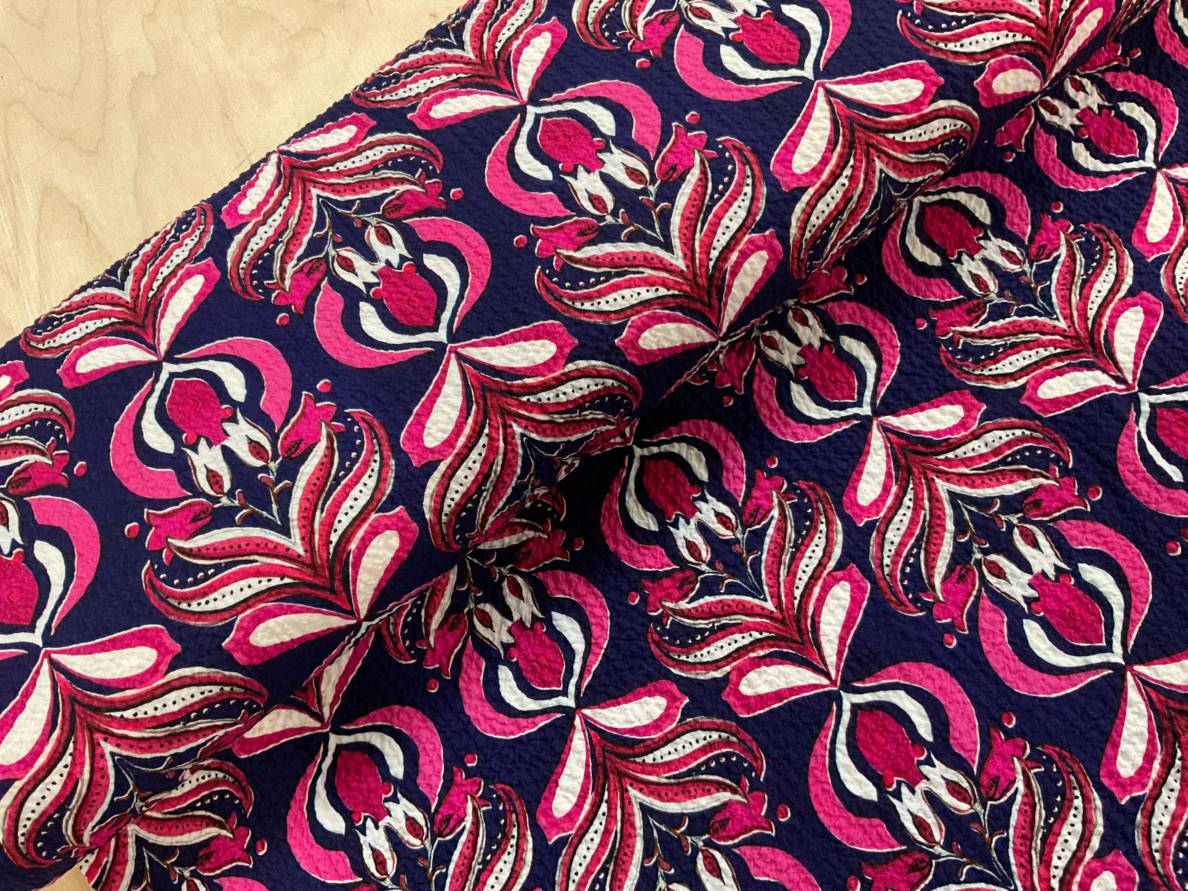 Cerise Floral on Navy Bubble Viscose