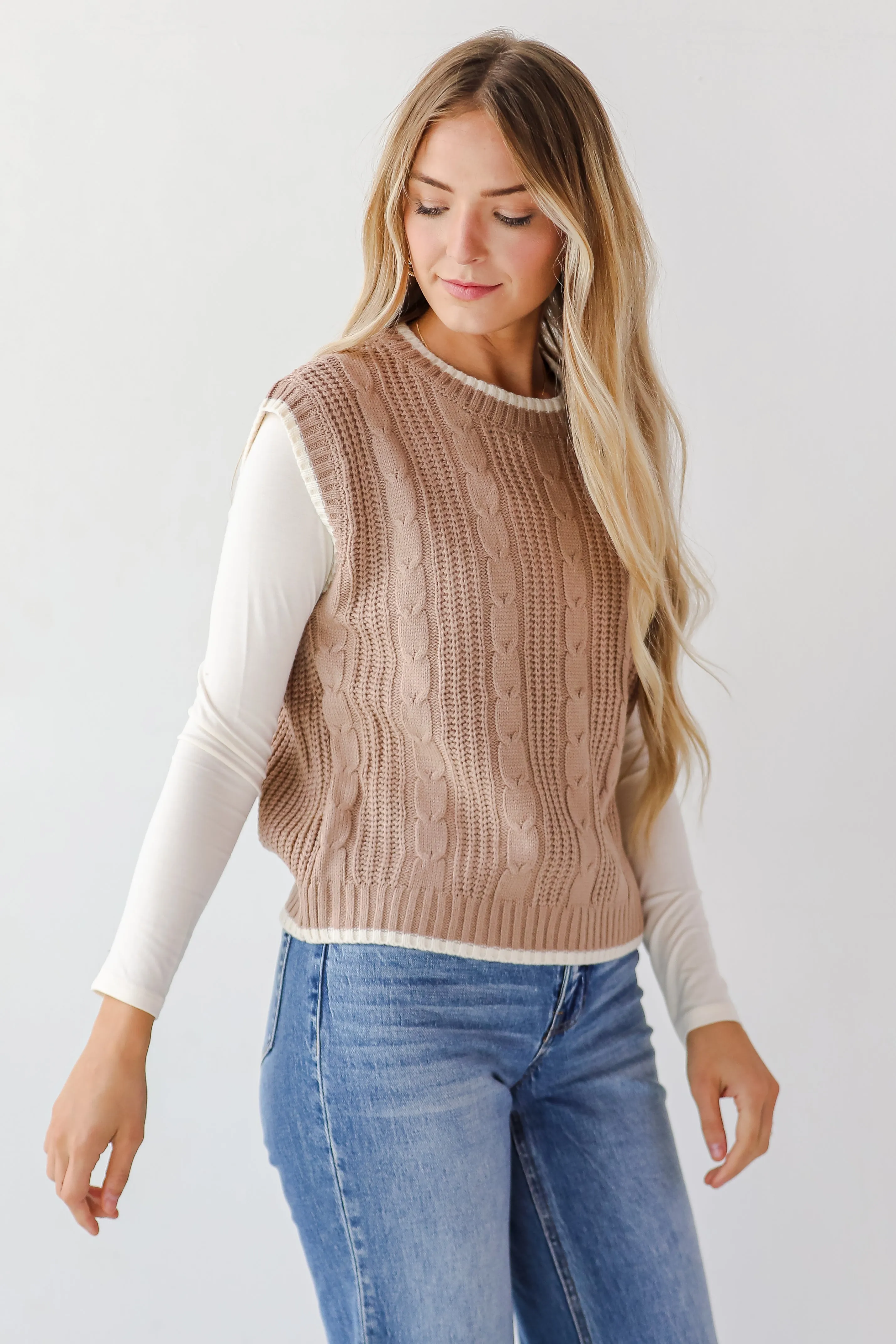 Cozy Outlook Taupe Cable Knit Sweater Vest