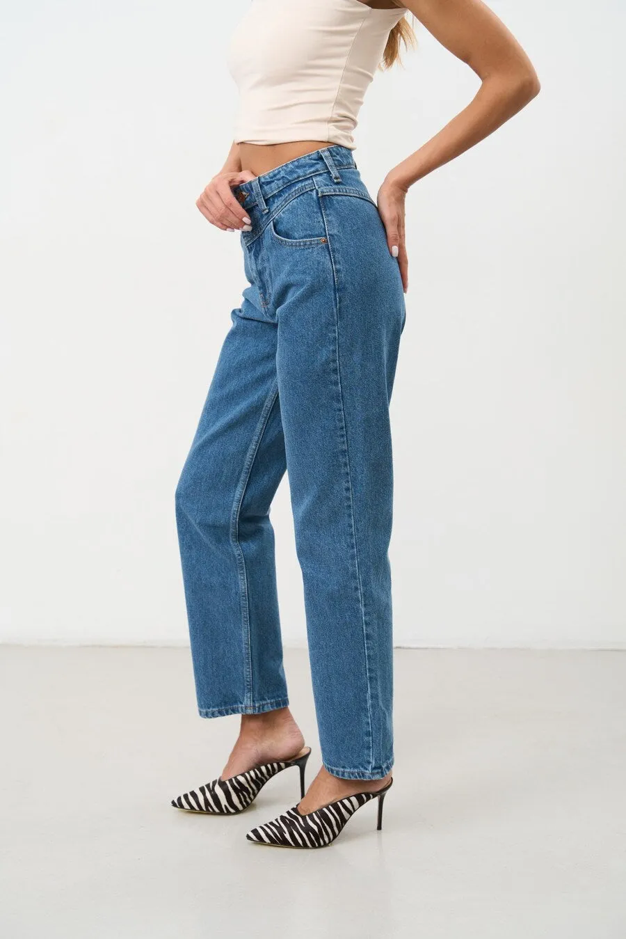 Dark Blue High Waisted Straight Leg Jeans