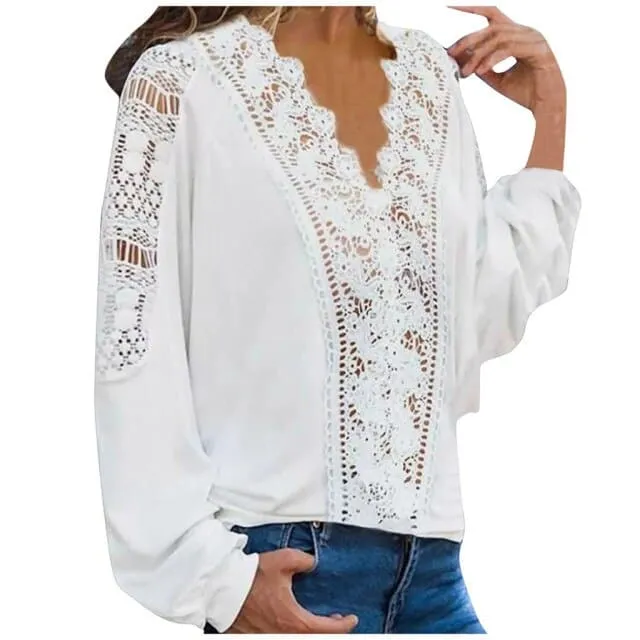 DressBetty - Fashion Women Spring Shirts Casual Solid Colors Lace Hollow Out V-Neck Long Sleeves Elegant Female Blouse Tops