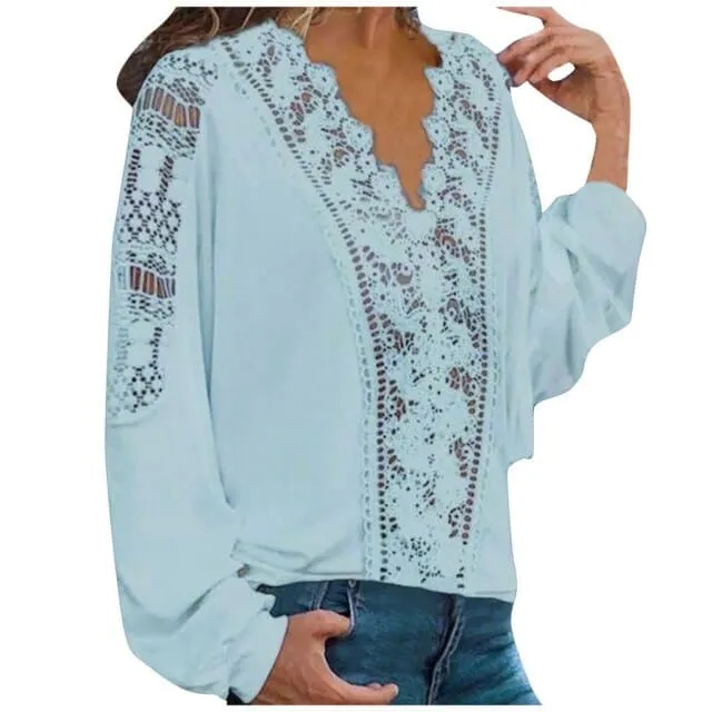 DressBetty - Fashion Women Spring Shirts Casual Solid Colors Lace Hollow Out V-Neck Long Sleeves Elegant Female Blouse Tops