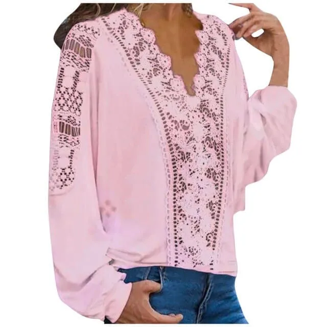 DressBetty - Fashion Women Spring Shirts Casual Solid Colors Lace Hollow Out V-Neck Long Sleeves Elegant Female Blouse Tops