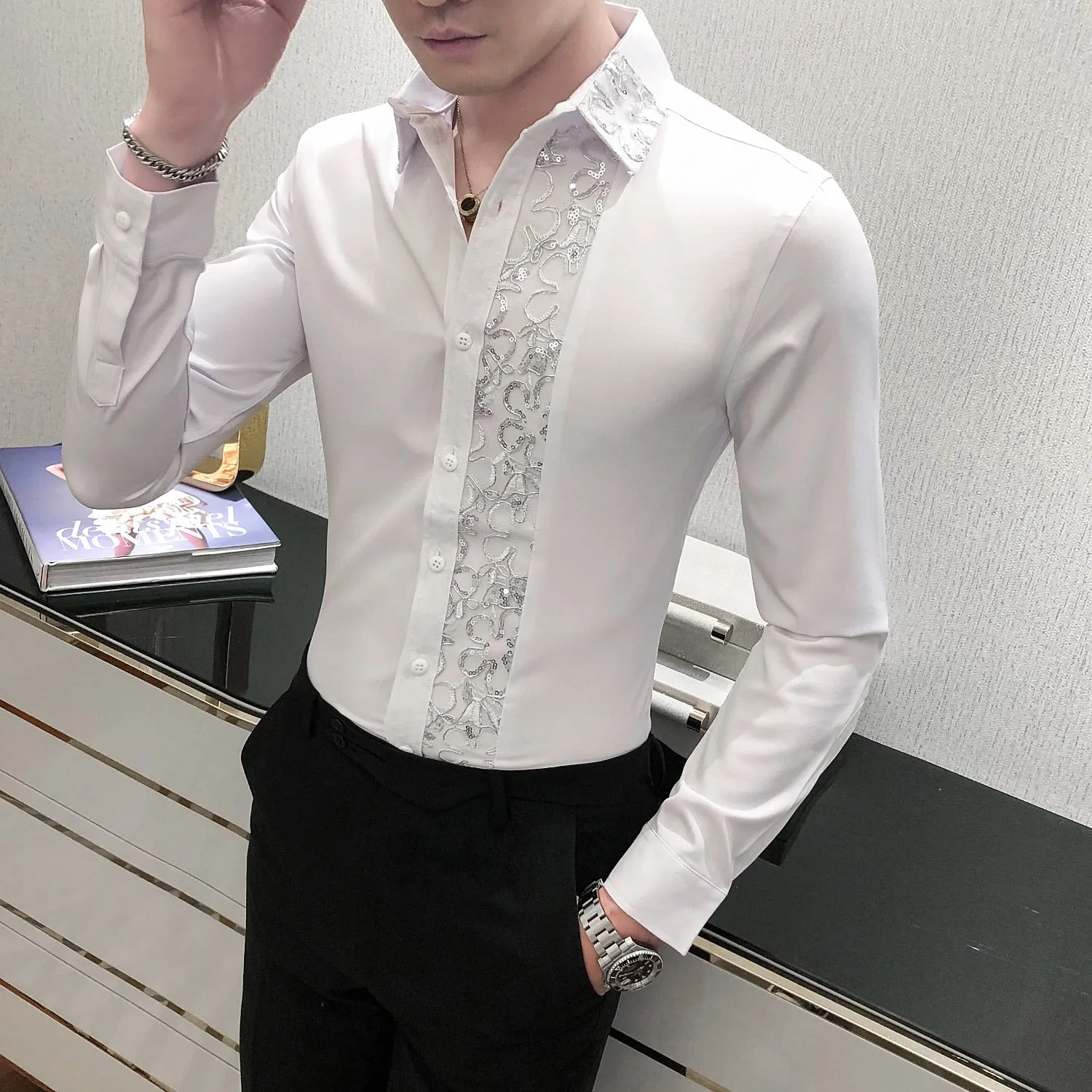 Elegant Flower Embossed Pattern Long Sleeve Shirt