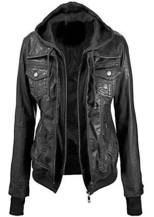 Fadcloset, Annalise Womens Leather Jacket Fleece Inner with Hoodie