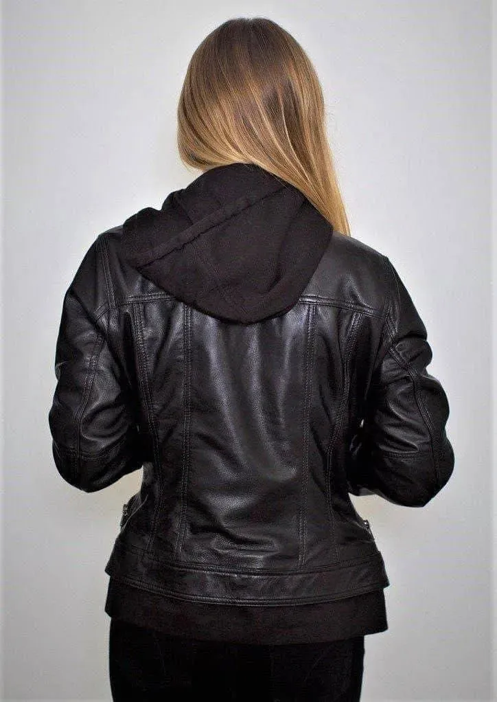 Fadcloset, Annalise Womens Leather Jacket Fleece Inner with Hoodie